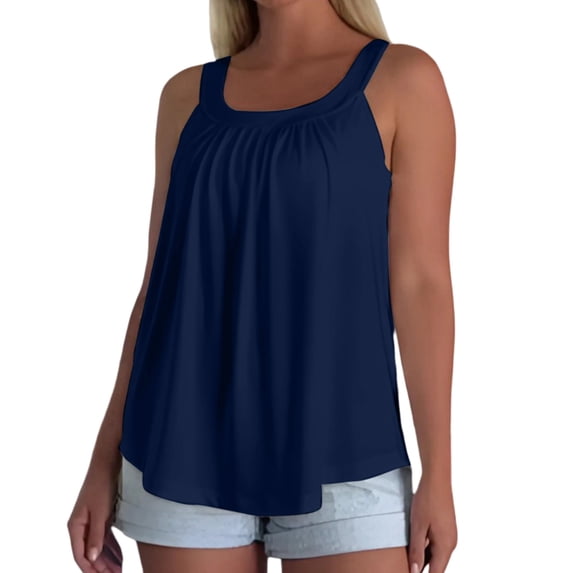 HOSIA Women's Built-In Bra Tank Tops Sleeveless Pleated Scoop Neck Loose Casual Flowy Summer Camis Shirts Workout Lounge Wear Loose Flowy Sleeveless Pleated Tank Tops with Built-In Bra Dark Blue L