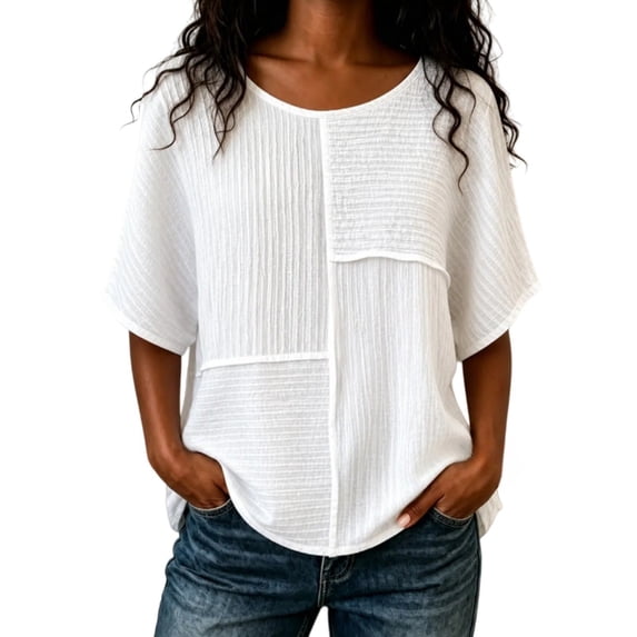 HOSIA Womens Vertical Textured Patchwork Top Round Neck Half Sleeve Casual Loose Fit Summer Blouse Lightweight Comfy Flowy Plain Gauze Tunic Shirts Plus Size Beach Vacation Outfits White Xxl