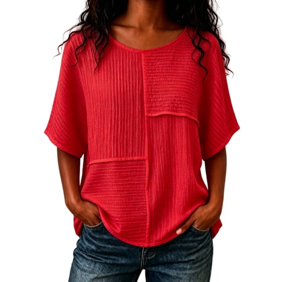 HOSIA Womens Vertical Textured Patchwork Top Round Neck Half Sleeve Casual Loose Fit Summer Blouse Lightweight Comfy Flowy Plain Gauze Tunic Shirts Plus Size Beach Vacation Outfits Red L