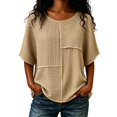 thumbnail image 1 of HOSIA Womens Vertical Textured Patchwork Top Round Neck Half Sleeve Casual Loose Fit Summer Blouse Lightweight Comfy Flowy Plain Gauze Tunic Shirts Plus Size Beach Vacation Outfits Khaki 3Xl, 1 of 6