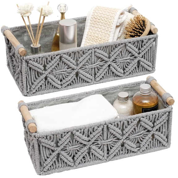 HOSROOME Macrame Cotton Storage Basket, Handles, Set of 2