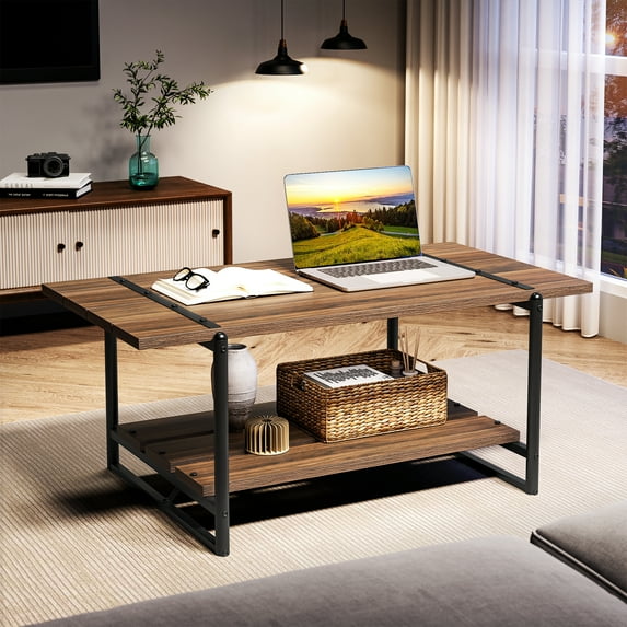 HOSSLLY 2-Tier Modern Industrial 41'' Large Wood Coffee Table with Storage Shelf - Rustic Metal Rectangle Center Living Room Coffee Table Accent Furniture for Home Office, Brown Walnut