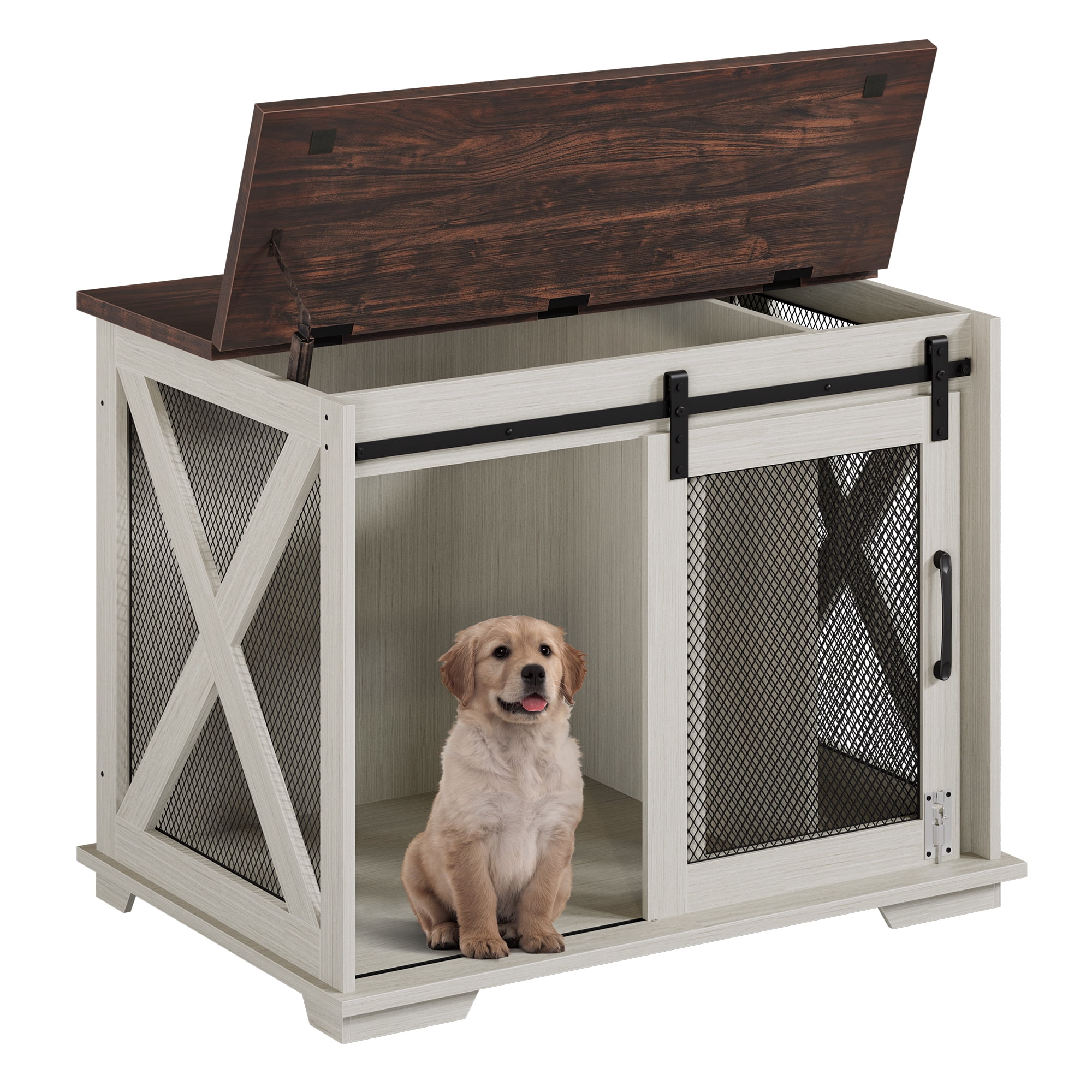 HOSSLLY 37'' Sliding Barn Door Dog Crate Furniture with Flip Top and Movable Divider, Wooden Dog