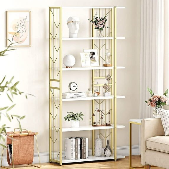 HOSSLLY 6-Tier Gold Bookshelf, Modern Free Standing Storage shelf with Metal Frame for Living Room, White and Gold Finish
