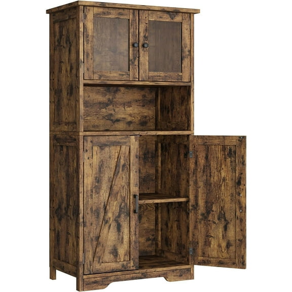 HOSSLLY Bathroom Storage Cabinet, Freestanding Bathroom Cabinet with Open Storage, Kitchen Pantry Cabinet with Doors for Living Room, Bathroom Floor Cabinet, Brown