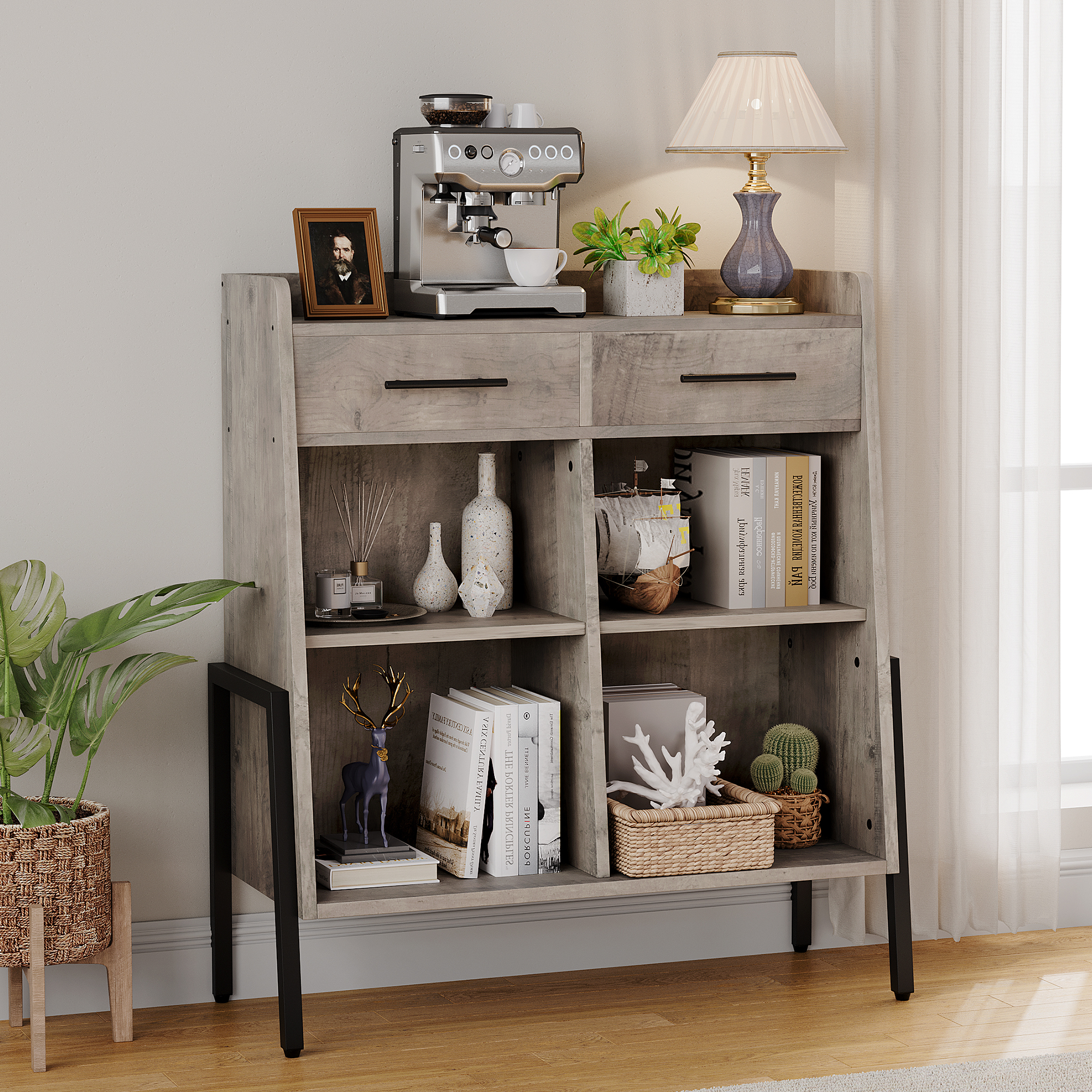 HOSSLLY Bookcase Horizontal Bookshelf Short Bookcases with Drawers
