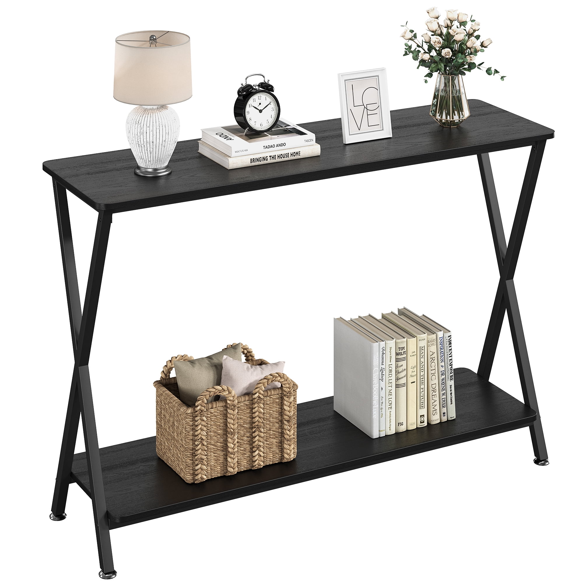 Black MDF and Metal Console Table with Storage Shelves
