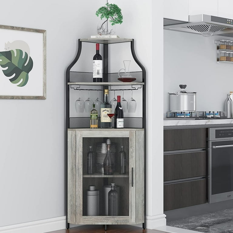HOSSLLY Corner Bar Cabinet with Glass Holder Industrial Wine