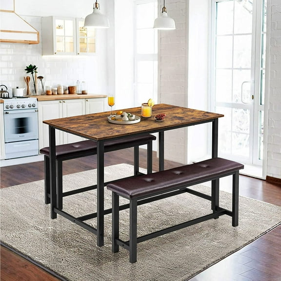 HOSSLLY Dining Room Table Set, 3-Piece Breakfast Nook Dining Table Set with Two Upholstered Benches, Rustic Brown