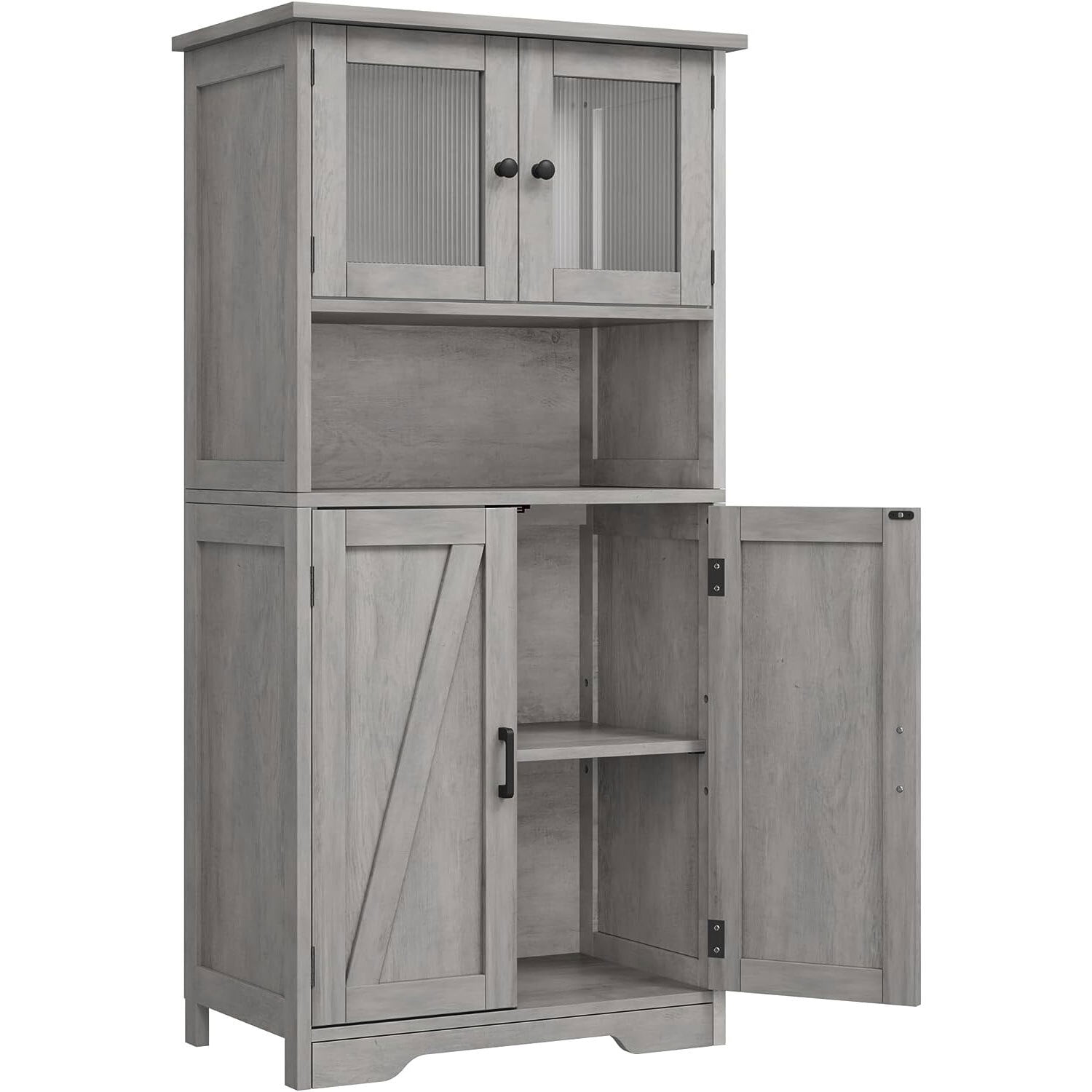 HOSSLLY Double Bathroom Storage Floor White Wooden Linen with Shelves and Glass