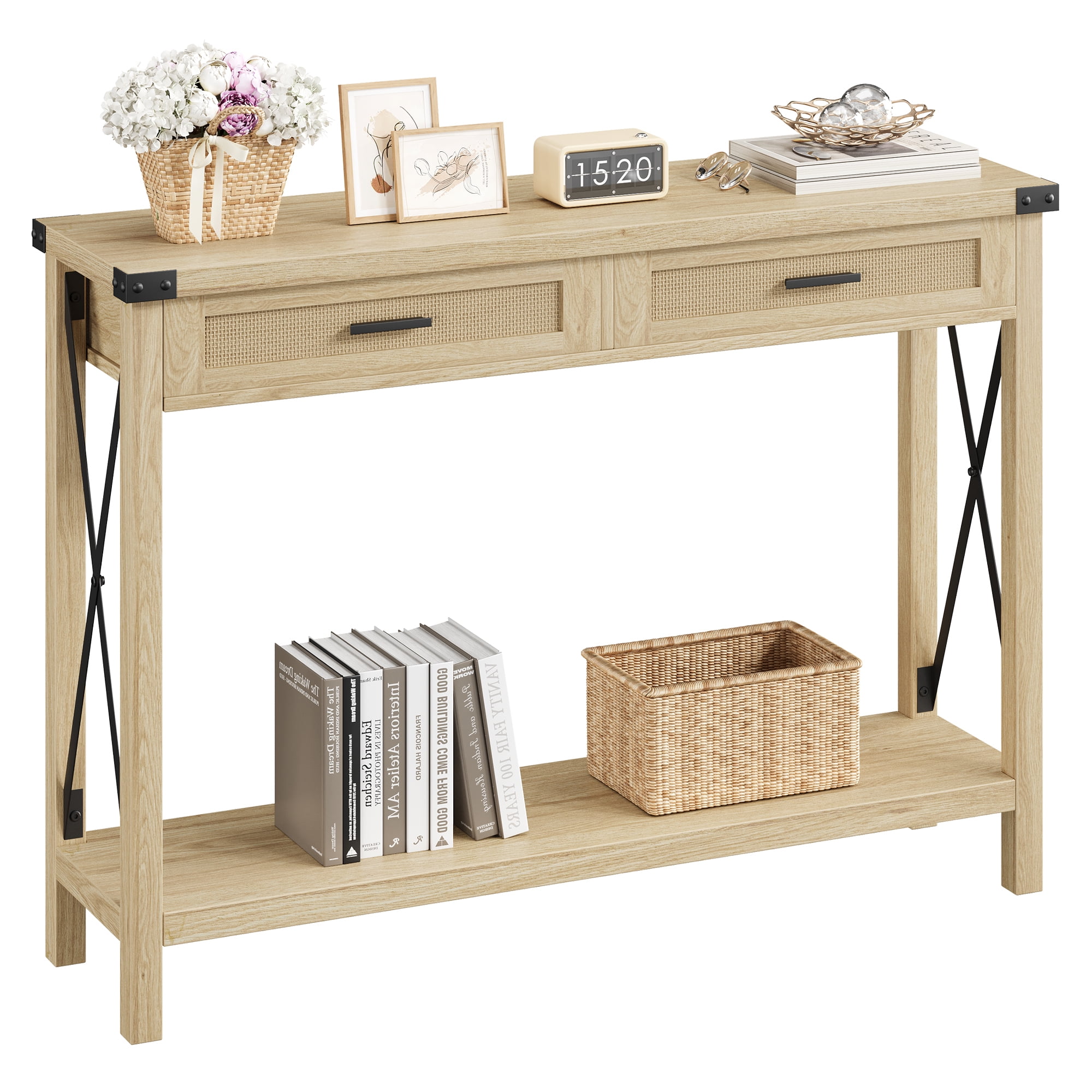 HOSSLLY Entryway Table, Console Table with Rattan Drawers, 43" Sofa Table with Storage, Console Tables for Entryway, Living Room, Hallway, Foyer, Burlywood