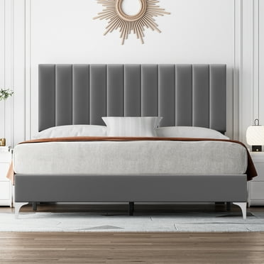 HOSSLLY Full Size Platform Bed Frame with Velvet Upholstered Headboard, Grey