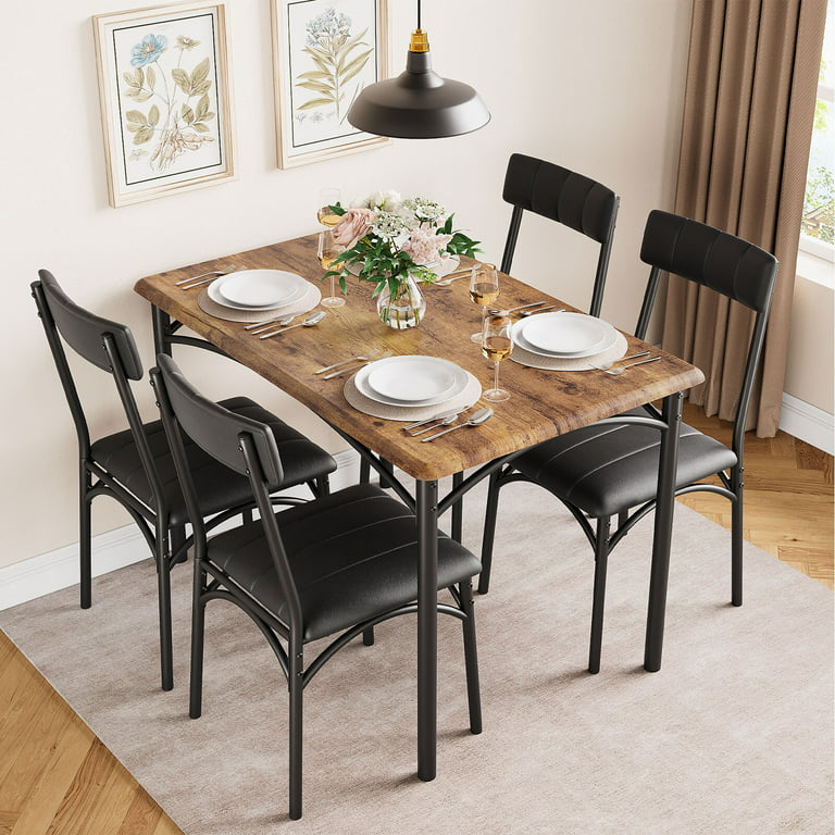 HOSSLLY Kitchen Dining Room Table Sets for 4, 5 Piece Metal and Wood  Rectangular Breakfast Nook, Dinette with Upholstered Chairs, Retro-Brown 