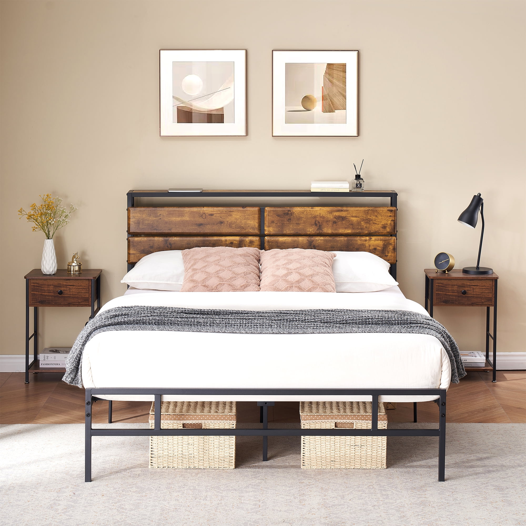 Modern Full Size Bed Frame with Headboard Rustic Metal Platform Bed Frame, Brown