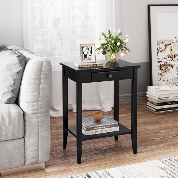 HOSSLLY Nightstand, 2-Tier End Table,Side Table with Drawer and Storage Shelf - Black