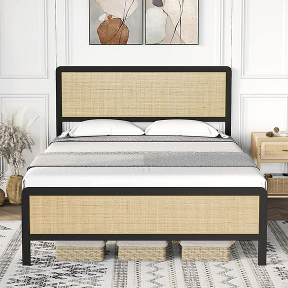 HOSSLLY Queen Size Metal Platform Bed Frame with Rattan Headboard and Footboard &12.2" Under Bed Storage, Black&beige
