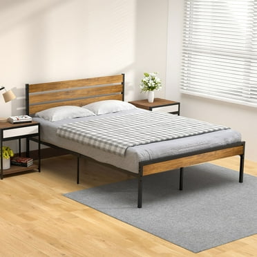 HOSSLLY Queen Size Rustic Country Style Metal Platform Bed with Wooden Headboard and Strong Metal Slats, Dark Brown