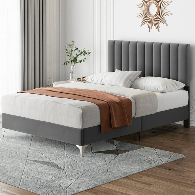 HOSSLLY Queen Velvet Upholstered Platform Bed Frame with Tufted