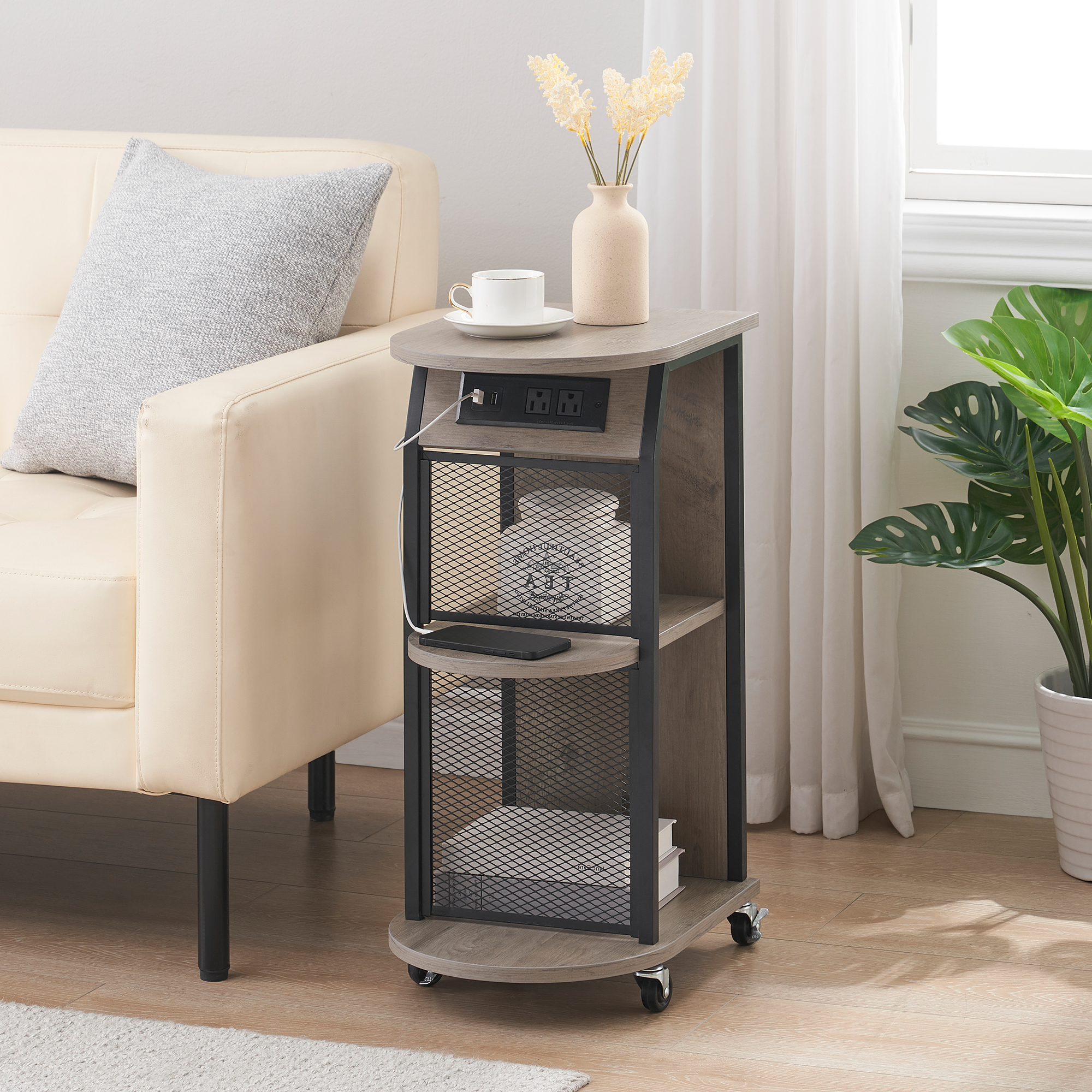 HOSSLLY Side Table with Charging Station, Narrow End Table with USB