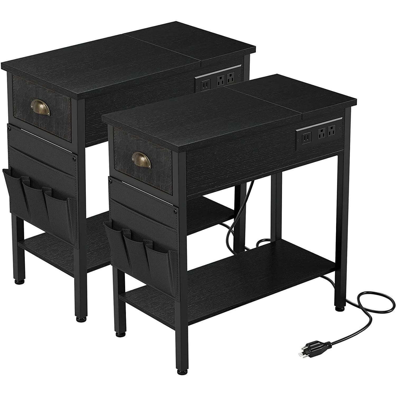 HOSSLLY Side Table with Charging Station, Narrow Nightstand with Drawer