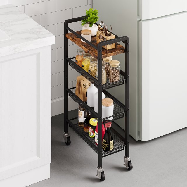 HOSSLLY 4Tier Slim Storage Cart with Swivel Wheels, Rustic Brown