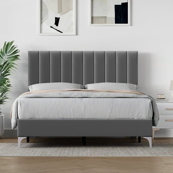 HOSSLLY Velvet Bed Frame Full Size, Upholstered Full Bed Frame with Tufted Velvet Headboard, Mattress Foundation, Strong Wood Slat Support Double Bed Frame, No Box Spring Needed, Easy Assembly,Grey