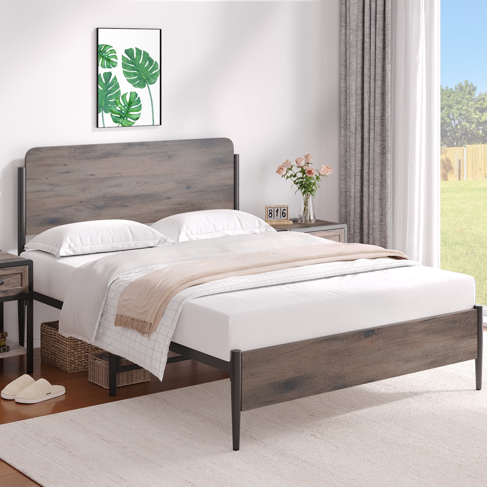 Walnut Queen Size Wood and Metal Platform Bed Frame with Headboard