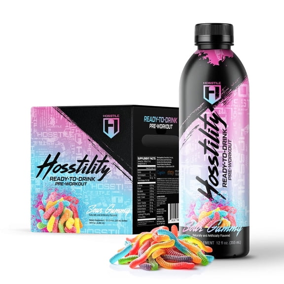HOSSTILE Hosstility RTD Pre-Workout Energy Drink with Caffeine, 12 fl oz Bottles, 12-Pack, Sour Gummy