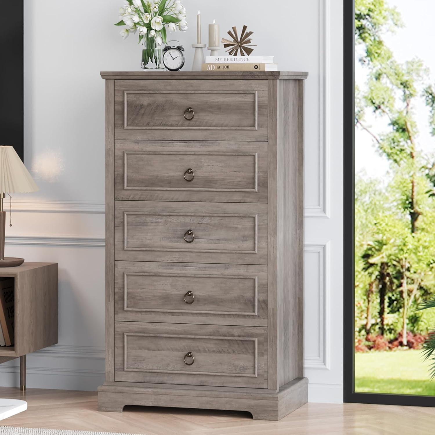 HOSTACK 5 Drawer Tall Dresser, Modern Farmhouse Chest of Drawers, Wood