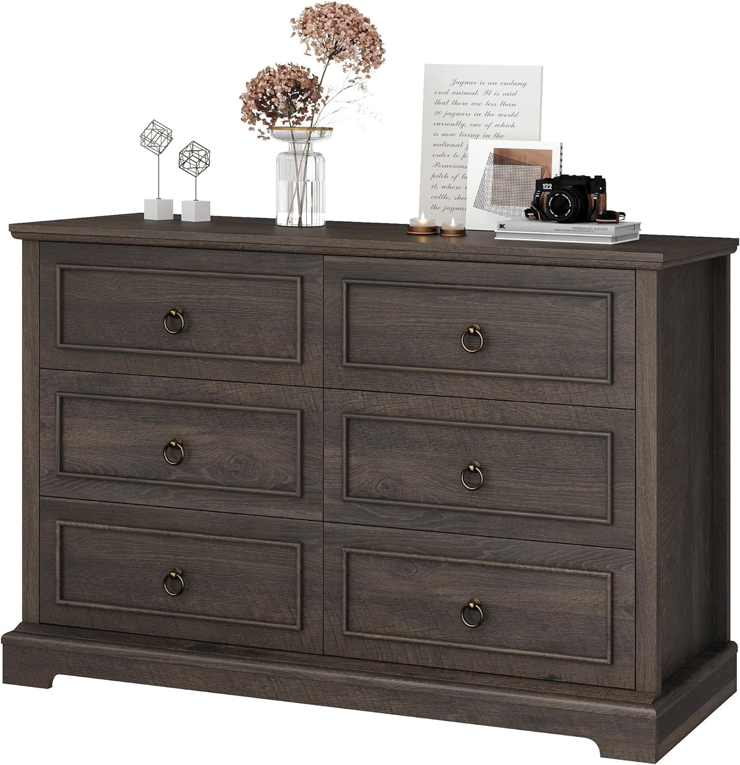 HOSTACK 6 Drawers Dresser, White Chest of Drawers, Wide Wood Double ...