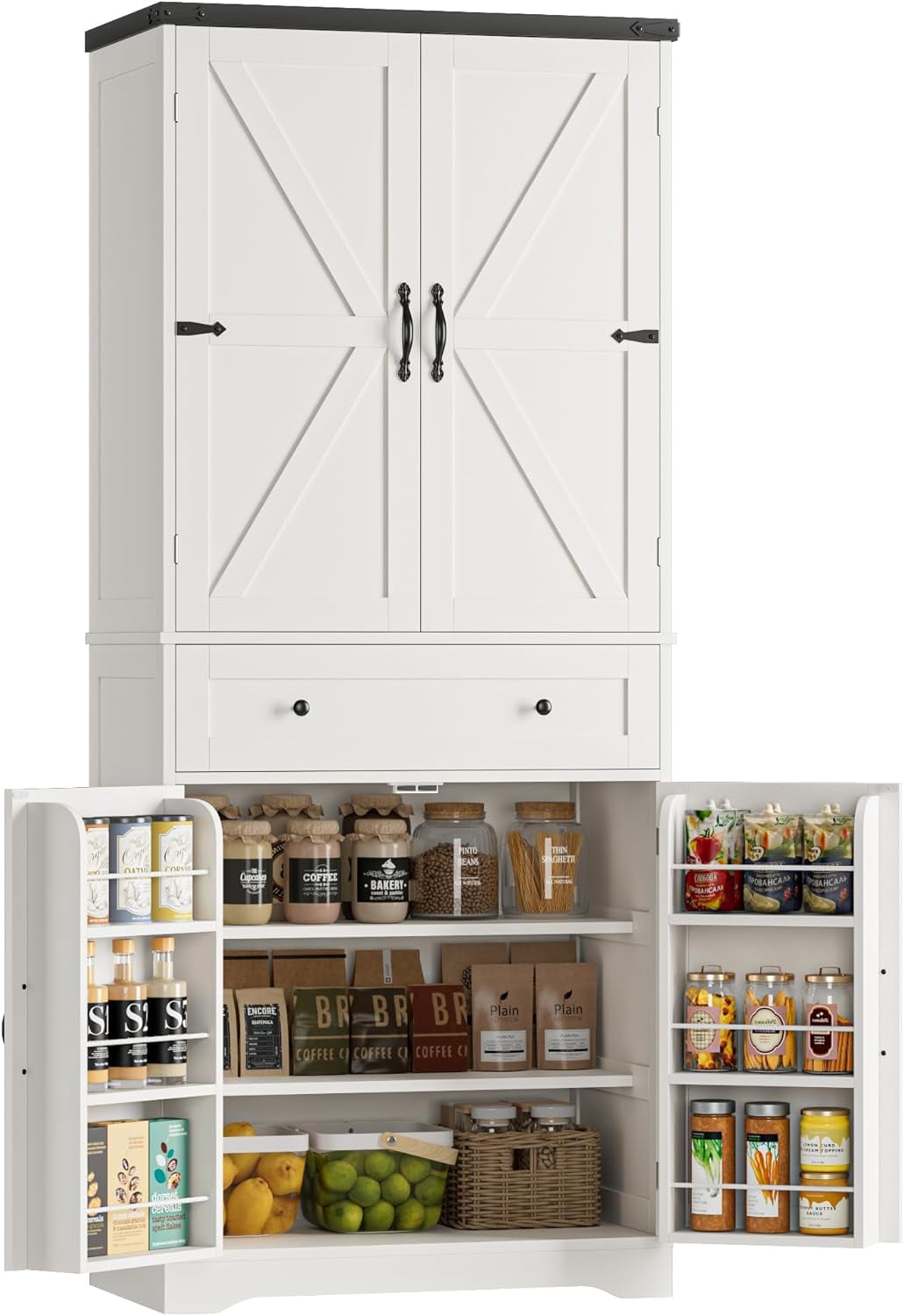 72" Tall White Kitchen Pantry Cabinet With Barn Doors, Drawer & Adjustable Shelves - Farmhouse Storage Cupboard