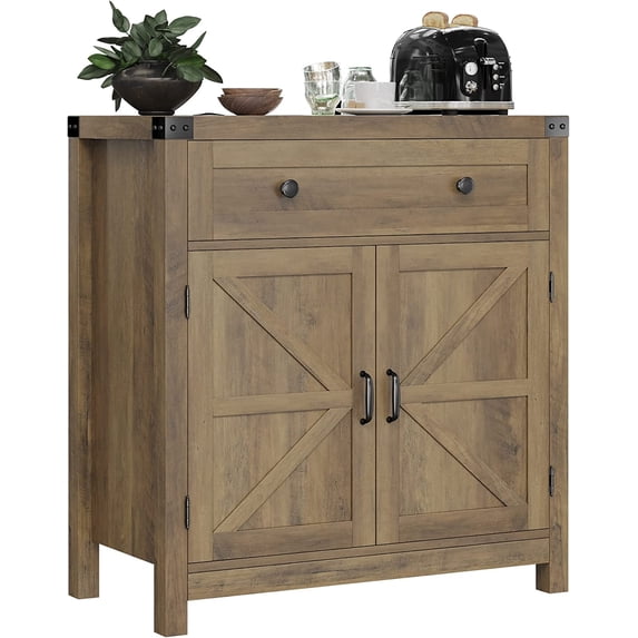 HOSTACK Coffee Bar Cabinet, Kitchen Storage Cabinet, Modern Farmhouse Buffet Sideboard with Drawer and Adjustable Shelf, Barn Door Accent Cabinets for Kitchen, Dining Room, Entryway,Rustic