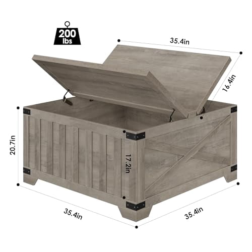 HOSTACK 35.4" Square Lift-Top Coffee Table With Storage - Farmhouse Style Ash Gray