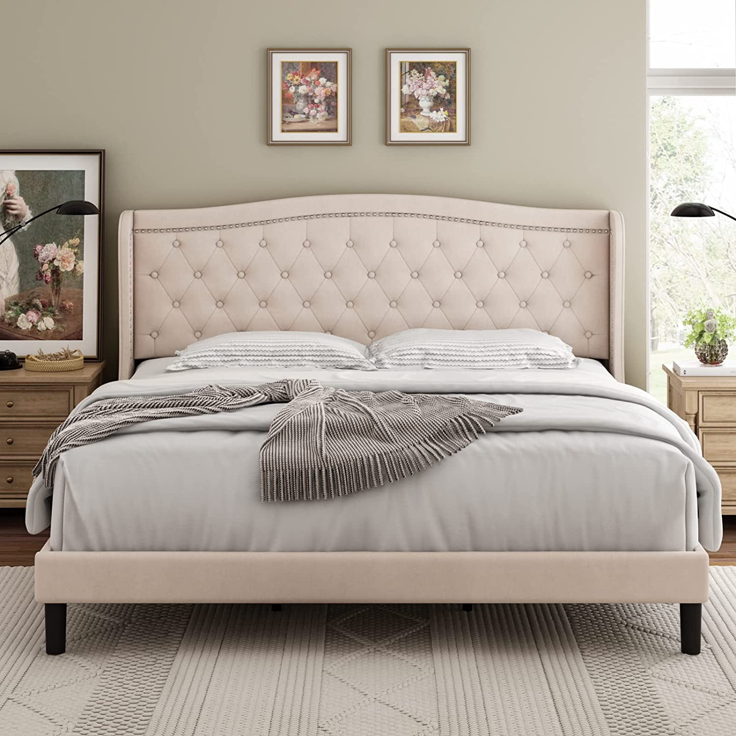 HOSTACK Full Size Bed Frame Modern Upholstered Platform Bed With ...