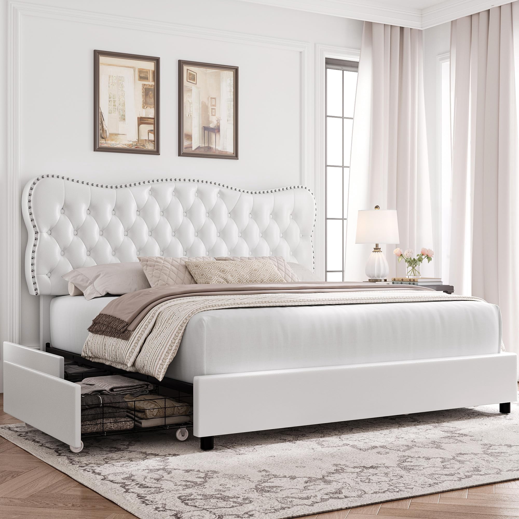 King Size Velvet Platform Bed Frame - Upholstered Button Tufted Headboard, No Box Spring