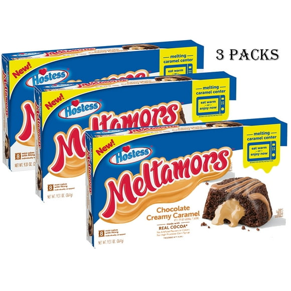 HOSTESS Chocolate Creamy Caramel Meltamors, Melting Caramel Center - 8 count, 9.31 oz (3 Packs)