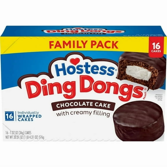 HOSTESS Chocolate DING DONGS Chocolate Snack Cakes Family 20.31 oz 16 Count (Pack of 2)