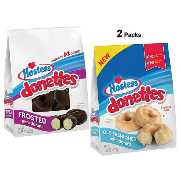 HOSTESS DONETTES Old Fashioned Mini Donuts, Resealable Bag, Great Traditional Taste - 10.5 oz. and HOSTESS Frosted Mini DONETTES Bag, Chocolate Mini Donuts - 10.75 oz (2 Packs)