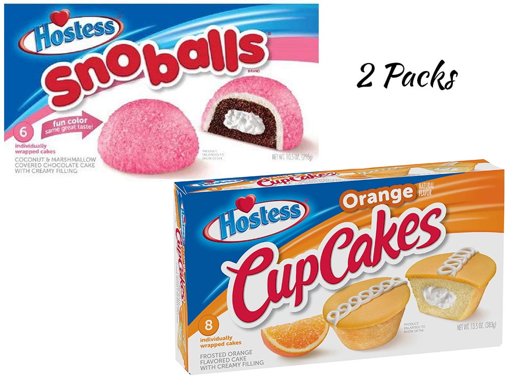 HOSTESS Orange Flavored Cupcakes - 13.5 oz, 8 Count and HOSTESS SNOBALLS, Coconut-Covered Chocolate Cake, Creamy Filling, 6 Count 10.5 oz (2 Packs)