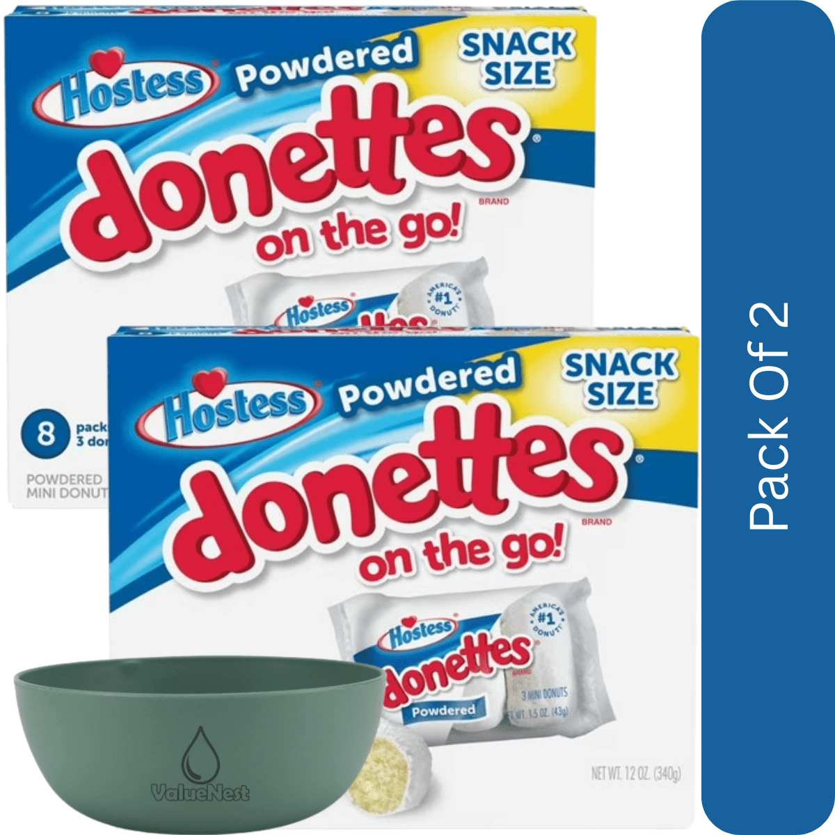 HOSTESS Powdered DONETTES Donuts Snack Pack, 8 Count, 12.0 oz-2pk, With Olive Green Bowl By ValueNest