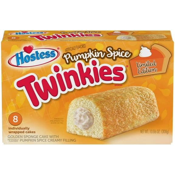 Hostess Twinkies, Golden Sponge Cakes with Pumpkin Spice Artificially Flavored Filling, 10.86 oz Box (8 Snacks)