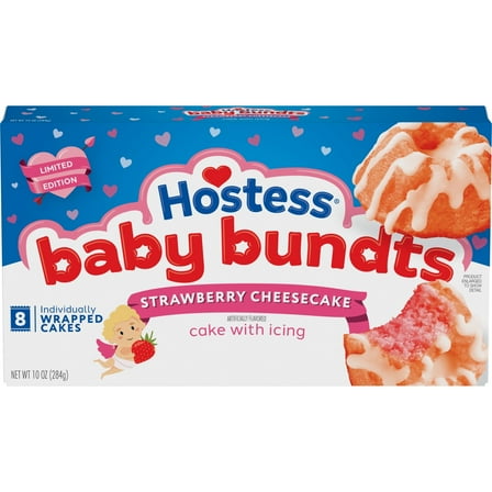 Hostess Baby Bundts Strawberry Cheesecake Artificially Flavored Snack Cakes with Icing, 10 oz Box (8 Cakes)