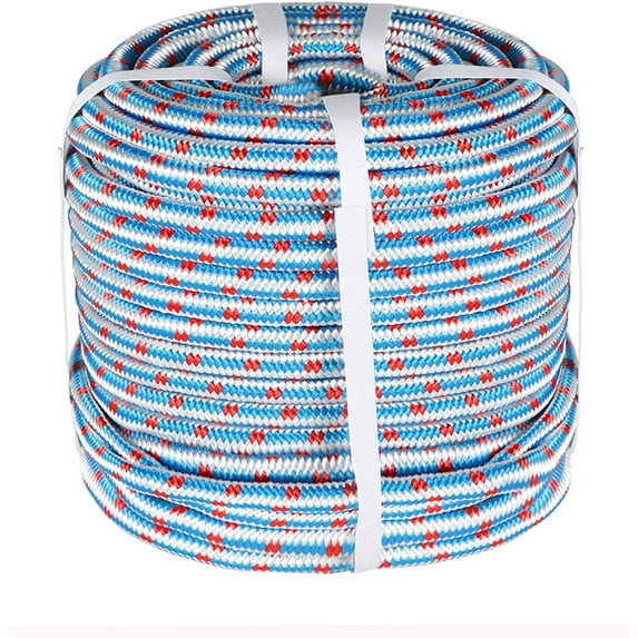 HOSTIC 16 Strand Braid Polyester Rope Pulling Rope Arborist Rigging Multipurpose Bull Rigging 1/2 Inch x 150 Feet Red White Blue