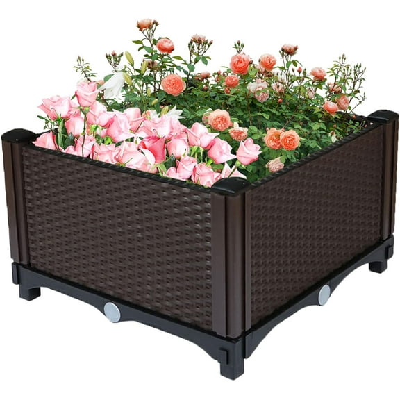 HOSTIC Square Raised Garden Bed, Garden Free Splicing Planting Box Outdoor Indoor Planting Container Stylish Rattan Pattern Set of 1, Brown