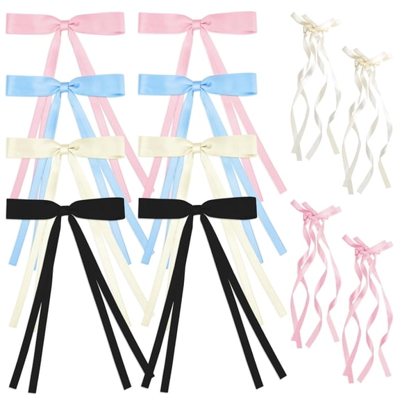 HOSTK 12 Pcs French Hair Bows for Women, Double Layer Ribbon Bow Clips with Long Tassel Tail, Cute Hair Barrettes Hair Accessories for Girls & Women, 2 Elegant Styles