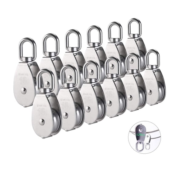 HOSTK12Pcs Single Pulley Block M15, 304 Stainless Steel Rust Proof, 35KG Load Swivel Hook Pulley Roller, Heavy Duty Hanging Wire Towing Wheel for Lifting & Crane Use, Silver