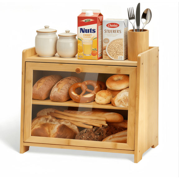 HOSTK2-Tier Layer Bamboo Bread Box with Transparent Window, Multi-Functional Kitchen Countertop Storage for Bread, Spices & Tableware, Sturdy & Eco-Friendly Food Organizer