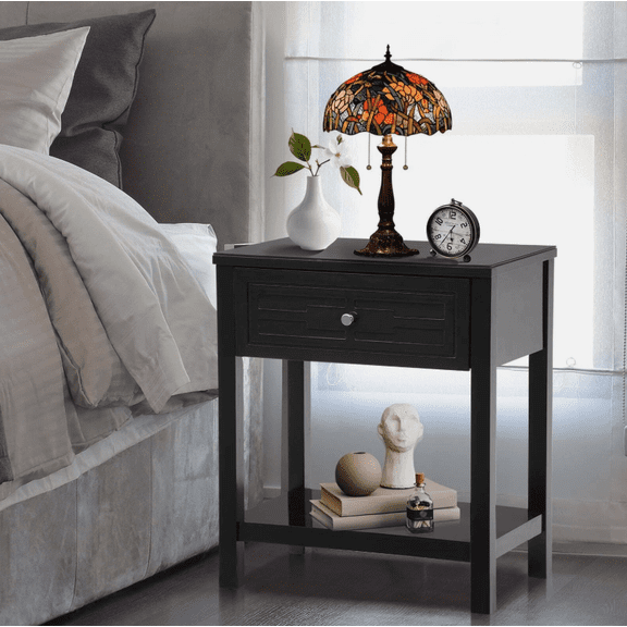 HOSTK23in BLack Wood Nightstand with 1 Drawer, Smooth Glass Top Bedside End Table for Bedroom Living Room