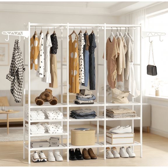 HOSTK3 Hanging Rods Clothes Rack, 63 Inch Extra Large Capacity Wardrobe Closet with Shelves, White Clothing Storage Organizer for Home Bedroom Entryway