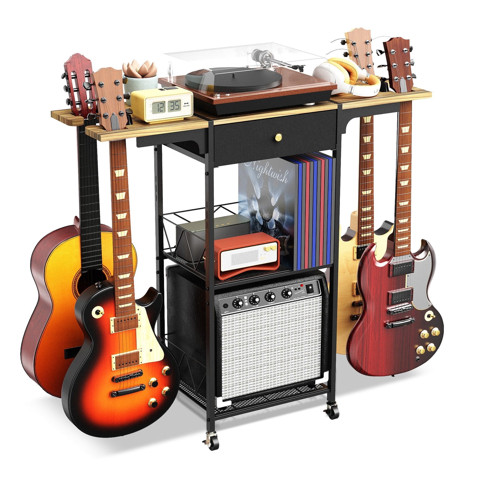 【HOSTK】3-Tier Rolling Guitar Stand with Wheels – Eco-Friendly Multifunctional Floor Rack with Amp Drawer & Storage Shelf, Portable Organizer for Electric, Acoustic Guitars, Music Studio & Home